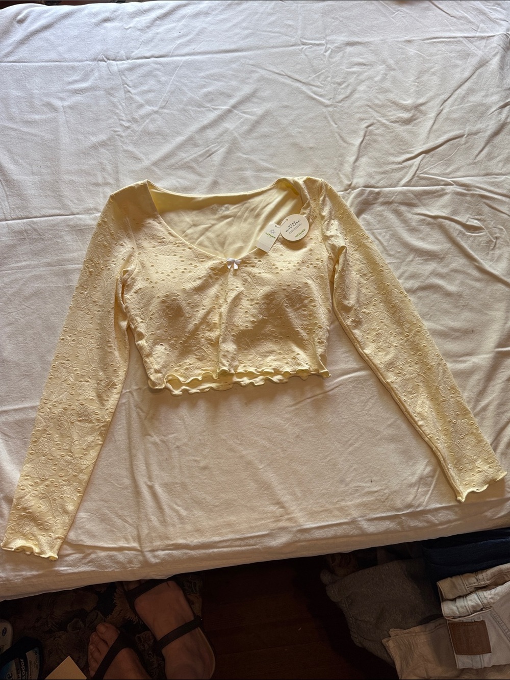 aerie Yellow Lace Long Sleeve Crop Top